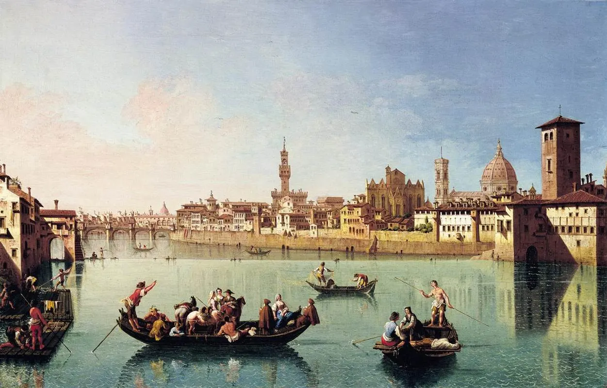Dipinto del Settecento con barche sull'Arno e Firenze sullo sfondo: Palazzo Vecchio, il Duomo e il Ponte Vecchio